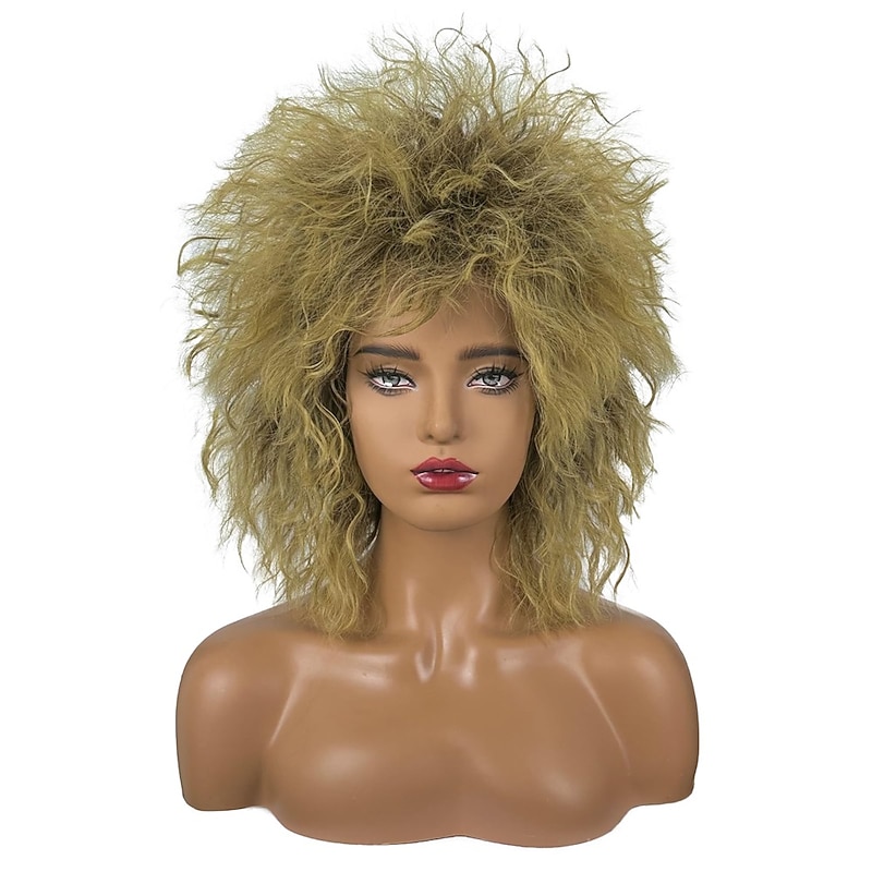 Short Blonde Curly Wig Mullet Blonde Brown Wig with Dark Roots 70s 80s Rocker Wig Two Tone Layered Wig Cosplay Costume Wigs Women Men Halloween Wigs3