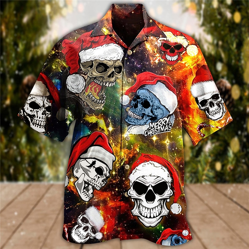 Christmas Men's Funny Christmas Printed Shirts Skull Tree Casual Outdoor Street Fall Turndown Short Sleeve Red S M L Shirt