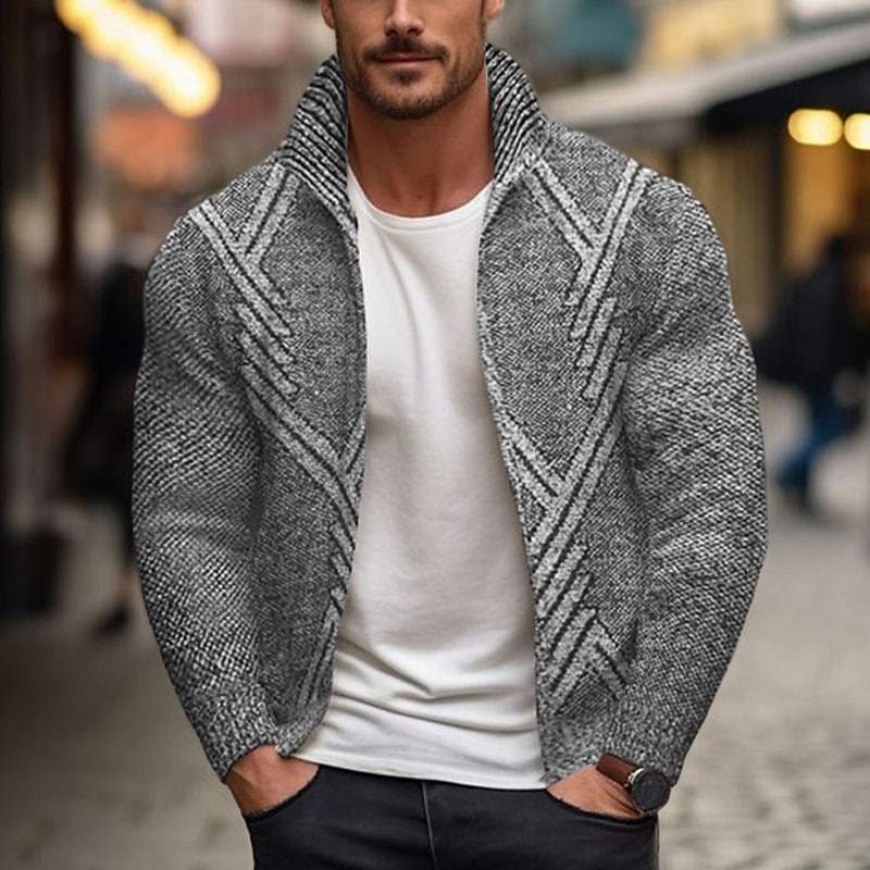 Men's Sweater Cardigan Sweater Zip Sweater Sweater Jacket Ribbed Knit Cropped Knitted Geometic Stand Collar Warm Ups Modern Contemporary Daily Wear Going out Clothing Apparel Winter Navy Blue Dark