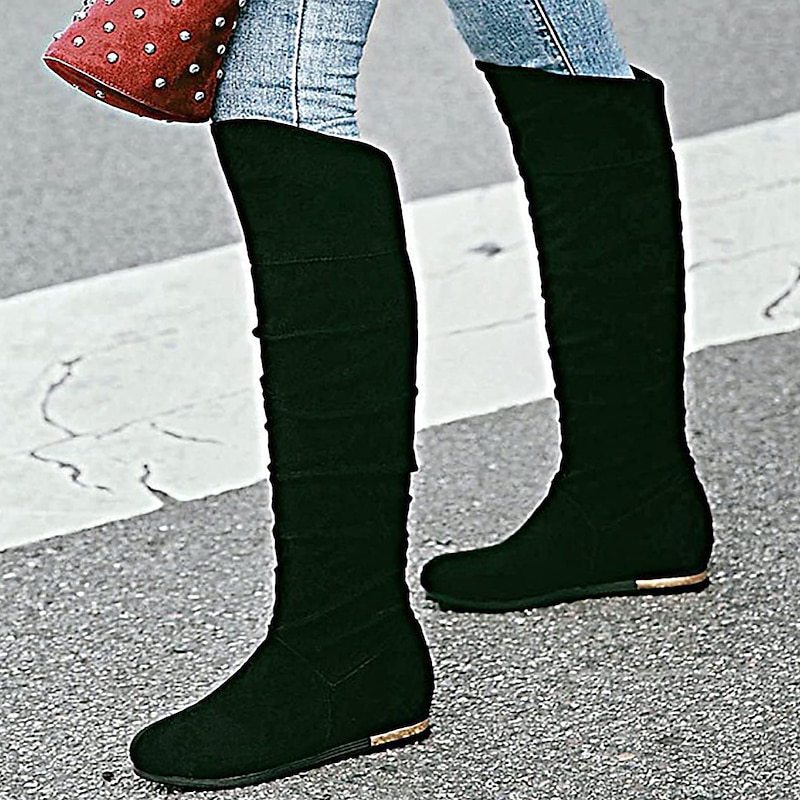 Women's Slouchy Flat Knee-High Boots, Faux Suede Casual Boots in Multiple Colors for Fall and Winter Wear4