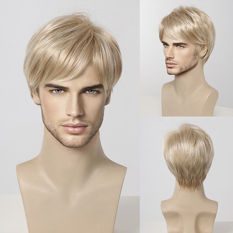 Synthetic Wig Uniforms Career Costumes Princess kinky Straight Middle Part Layered Haircut Machine Made Wig 8 inch Light golden Synthetic Hair Men's Cosplay Party Fashion Blonde