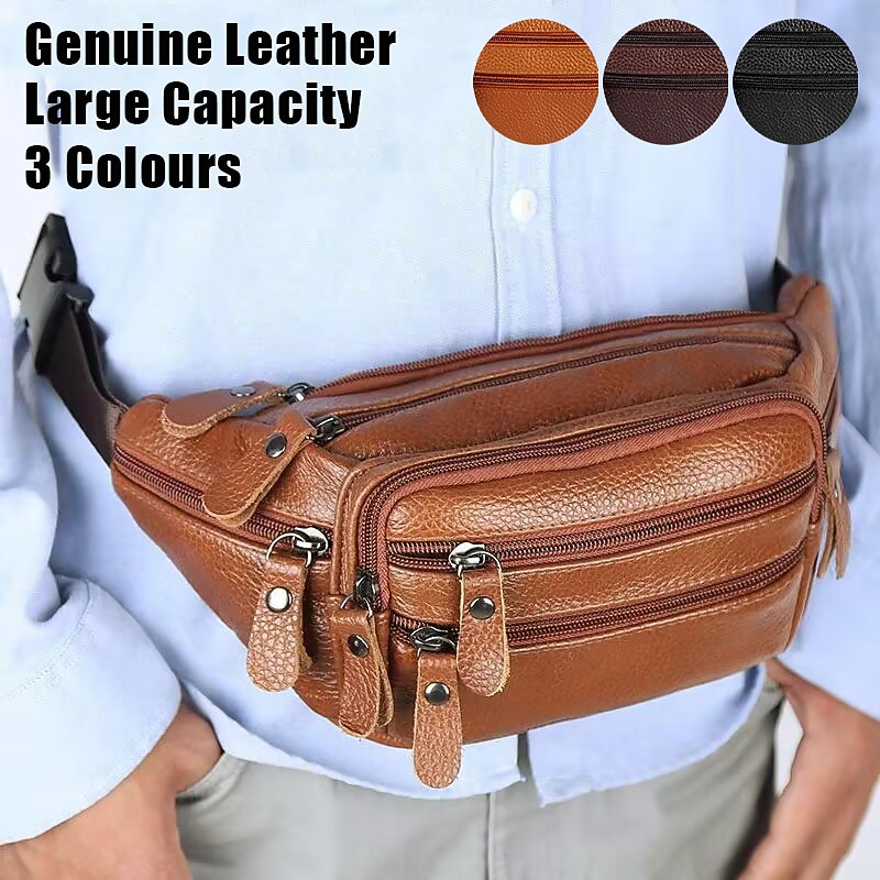 Men's Black Leather Waist Bag with Multiple Zippered Pockets - Stylish and Functional Fanny Pack for Travel and Everyday Use