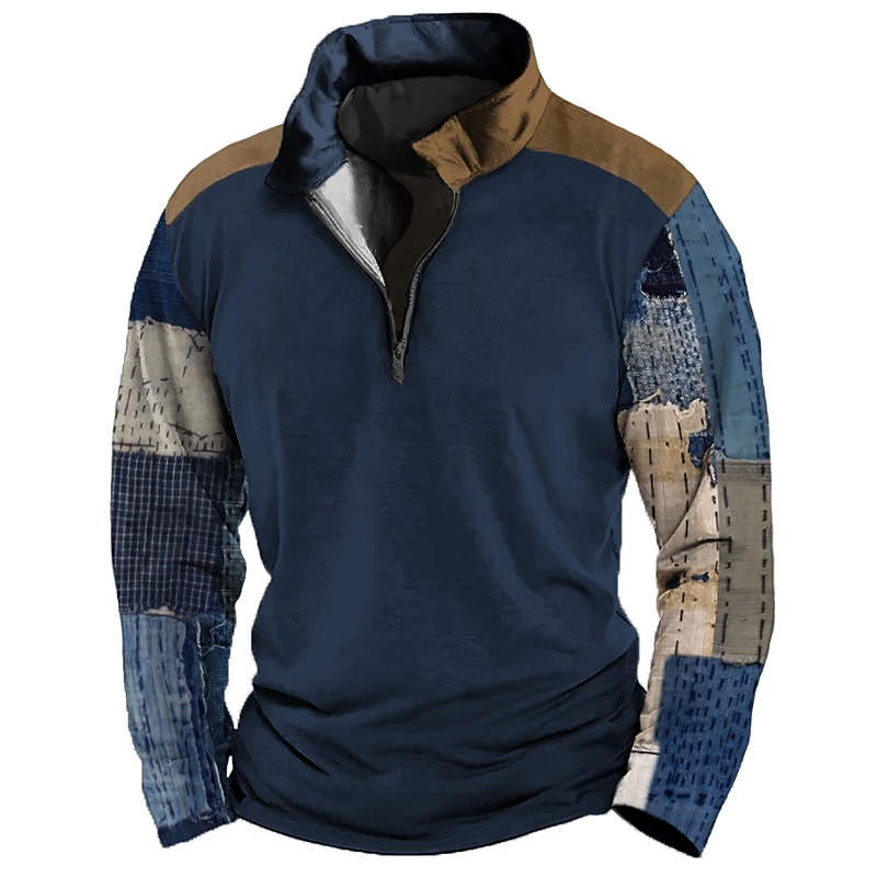 Men's Graphic Color Block Patchwork Sweatshirts Sweatshirt Zip Sweatshirt Long Sleeve Sweatshirt Quarter Zip Sports Casual Vintage Retro 3D Print Vacation Sports Outdoor Holiday Print Spring &  Fall