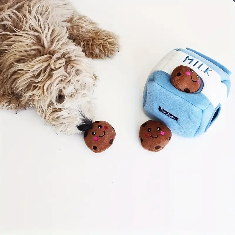 Milk Box Shaped Dog Plush Toy Squeaky Dog Hide And Seek Puzzle Toy With Sound Interactive Dog Food Leaking Dispenser Toy Dog Snuffing Toy2