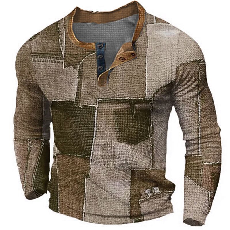 Men's Graphic Color Block Patchwork Henley Shirt Waffle T Shirt Long Sleeve 3D Print Fashion Designer Casual Sports Outdoor Holiday Festival Spring &  Fall Blue Brown Green Gray Henley Henley T-Shirt4