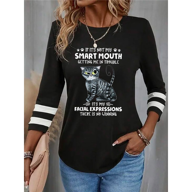 Women's T shirt Crew Neck Long Sleeve Tunic Cat Letter Funny Round Neck Regular Tops Daily Weekend Print Black Red Blue Purple Green Spring & Fall