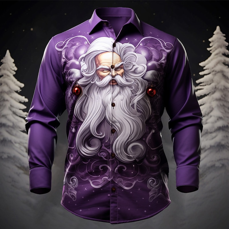 Christmas Men's Santa Claus Printed Shirts Santa Claus Casual Daily Wear Going out Fall & Winter Turndown Long Sleeve Gray+Purple, Yellow, Burgundy S, M, L 4-Way Stretch Fabric Shirt4