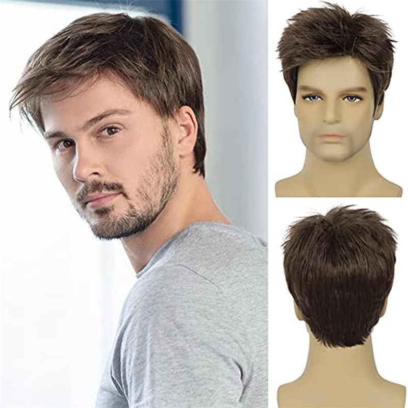 Mens Brown Wig Short Layered Natural Cosplay Party Costume Hair Full Synthetic Wig for Male Guy