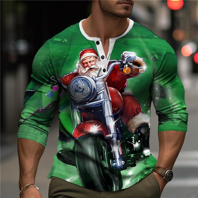 Christmas Men's Santa Claus Henley T Shirt Graphic Santa Claus Motorcycle Fashion Designer Casual 3D Print Henley Waffle Sports Outdoor Holiday Festival Blue Purple Orange Long Sleeve Henley Spring2