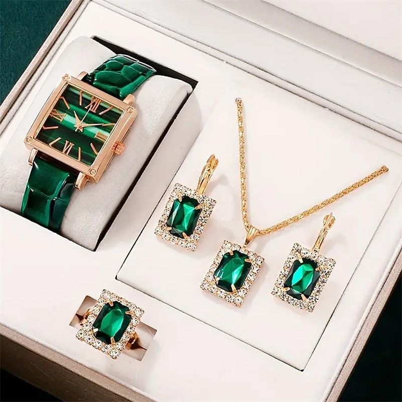 5pcs/set Women's Watch Vintage Square Pointer Quartz Watch Analog Green Wrist Watch & Rhinestone Jewelry Set, Gift For Mom Her