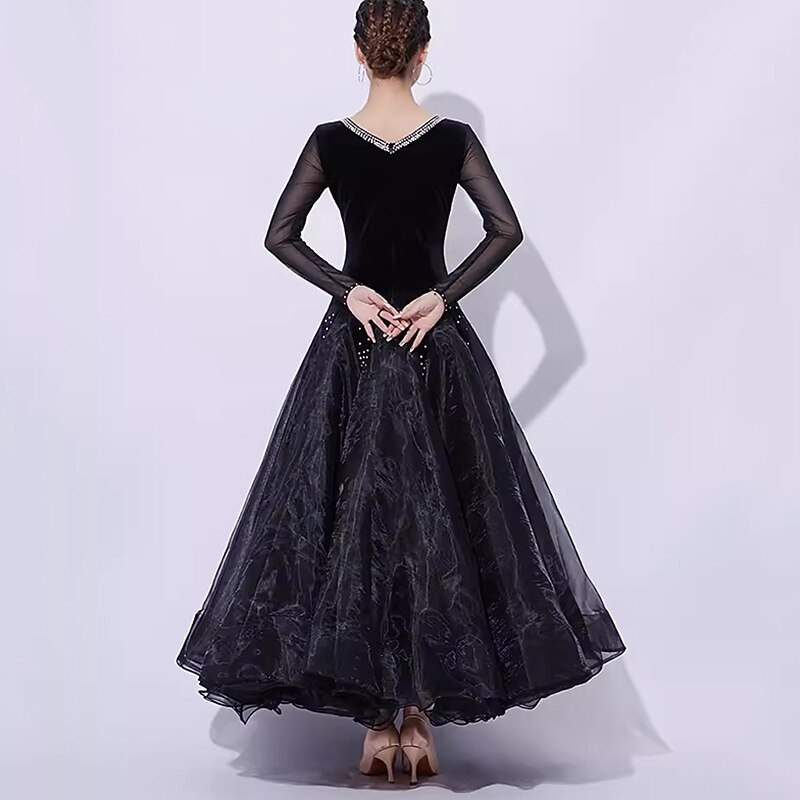 Ballroom Dance Dress Crystal / Rhinestone Splicing Women's Performance Training Long Sleeve Mesh Organza Velvet2