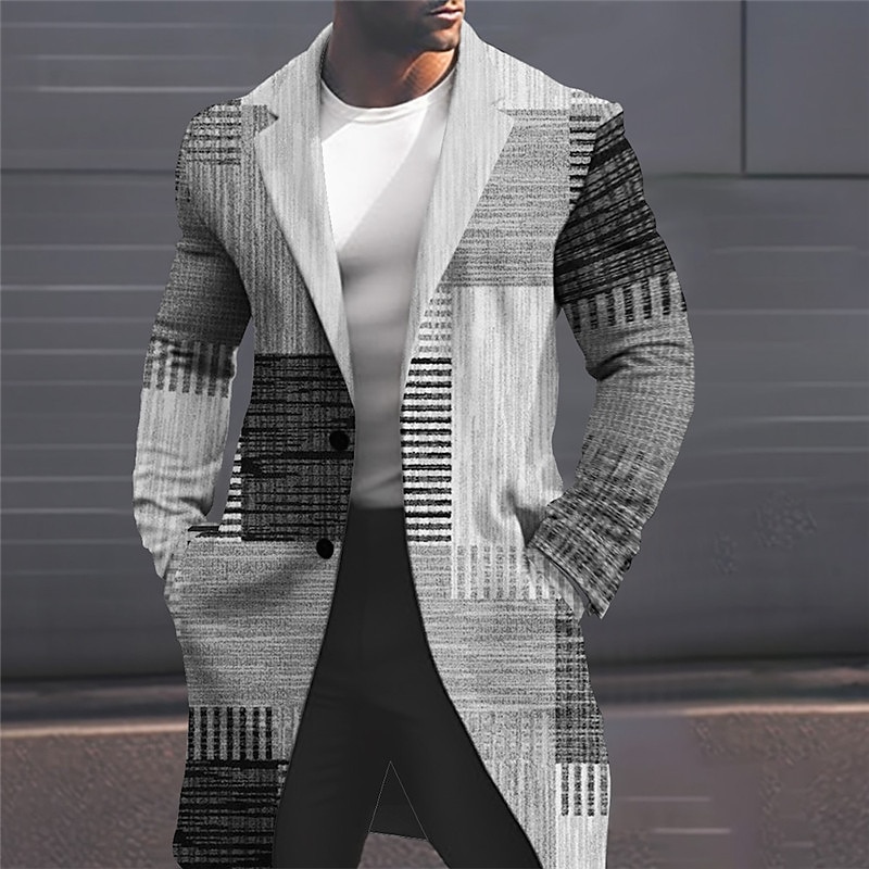 Men's Geometry Stripes and Plaid Winter Coat Overcoat Coat Warm Comfortable Breathable Business Casual Work Wear to work Going out Pocket Print Fall & Winter Turndown Long Sleeve Yellow Gray2