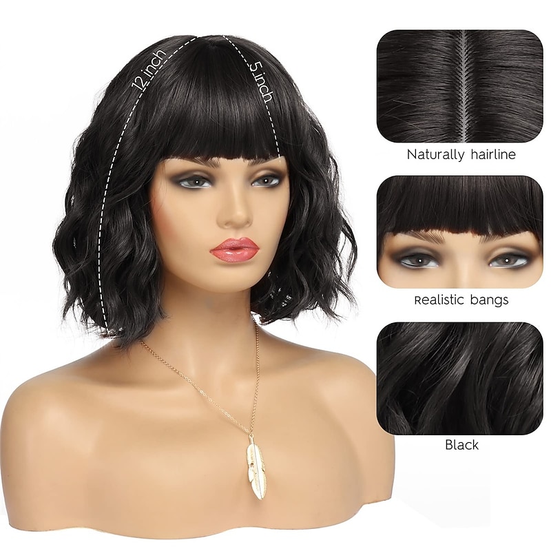 Short Black Bob Wig With Bangs Synthetic Natural Hair Wigs for Women Wavy Shoulder Length Wig Water Wave(12 Inches)2