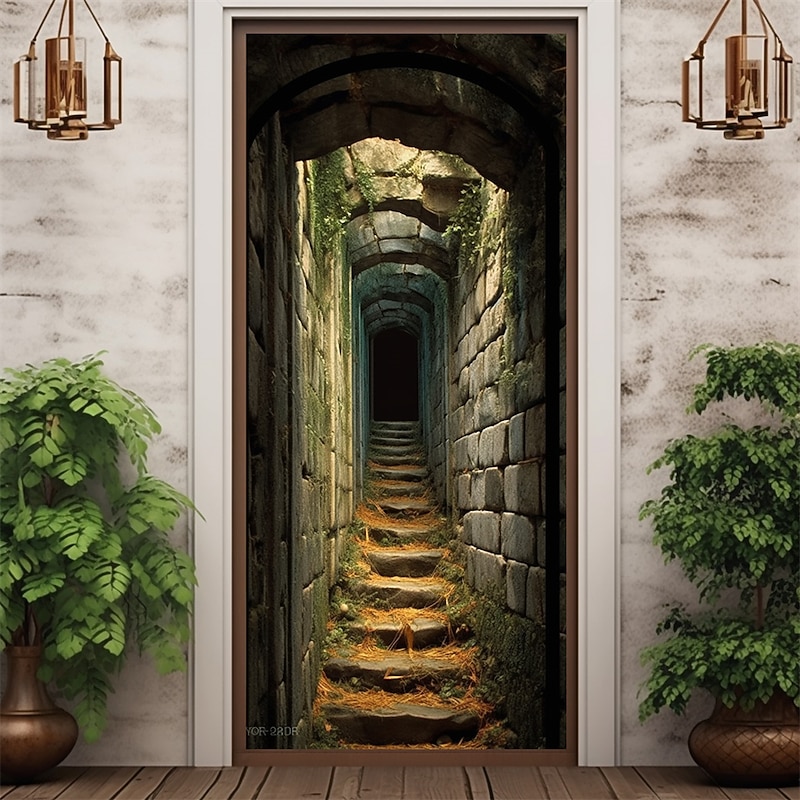 Vintage Stone Steps Door Covers Door Tapesty Door Curtain Decoration Backdrop Door Banner for Front Door Farmhouse Holiday Party Decor Supplies