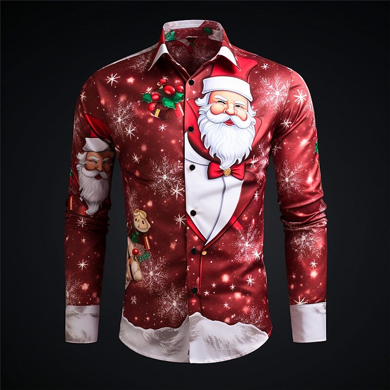 Christmas Men's Santa Claus Printed Shirts Santa Claus Casual Daily Wear Going out Fall & Winter Turndown Long Sleeve White, Army Green, Red S, M, L 4-Way Stretch Fabric Shirt3