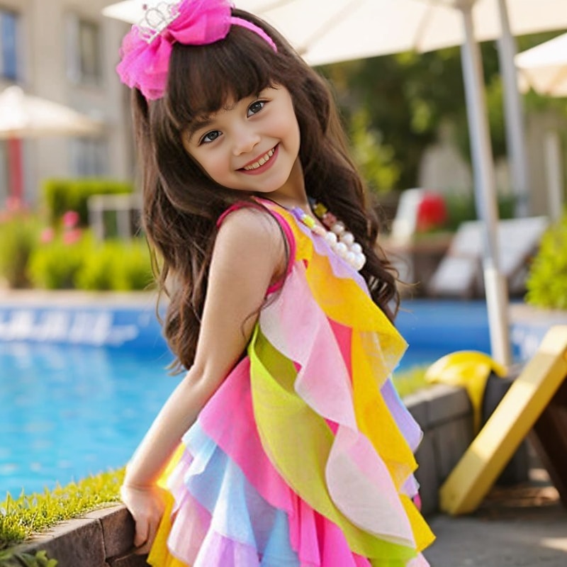 Kids Girls' Dress Rainbow Swing Dress Party Holiday Beach Ruffle Mesh Fuchsia Cotton Asymmetrical Sleeveless Cute Boho Beautiful Dresses Spring Summer Regular Fit 3-10 Years / Sweet2