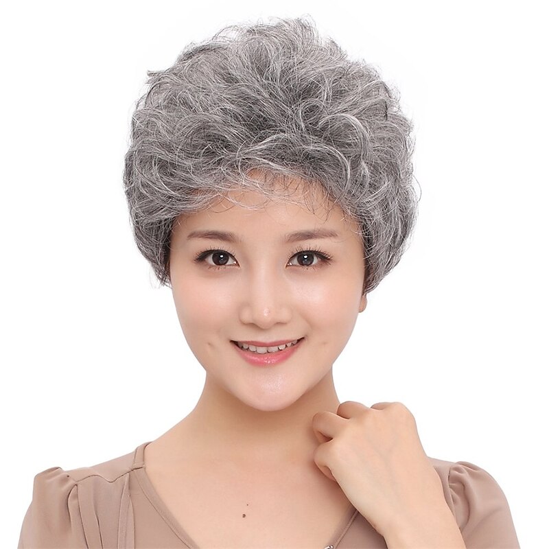 Ladies Gray Short Curly Synthetic Full Hair Wigs Natural Wavy Fluffy Mom Costume Old Grandma Cosplay Wigs for Women (Curly Silver Gray)3