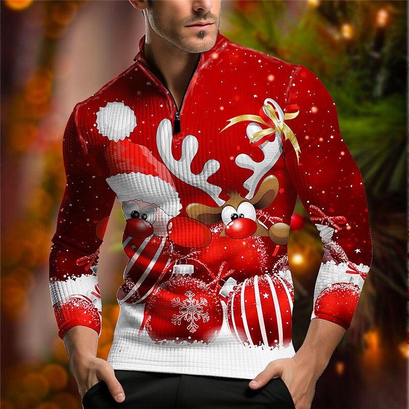 Christmas Men's Christmas animal 3D Zipper Polo Santa Claus Elk Casual Print 3D Waffle Zip Outdoor Casual Daily Streetwear Waffle Fabric Long Sleeve Zip Shirts Black Wine Fall & Winter S M L