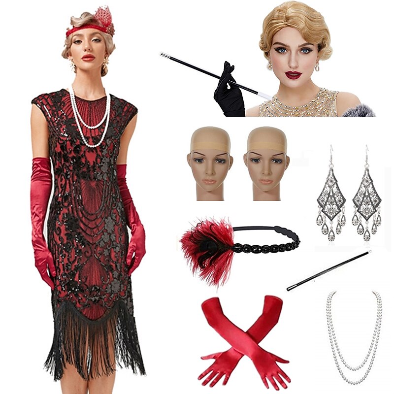 Set with Flapper Dress Finger Wave Wig Headband Gloves Necklace Earrings Cigarette Holder Wig Caps Women's Roaring 20s 1920s Cocktail Masquerade Outfits Gatsby Christmas Attire Party Dress3