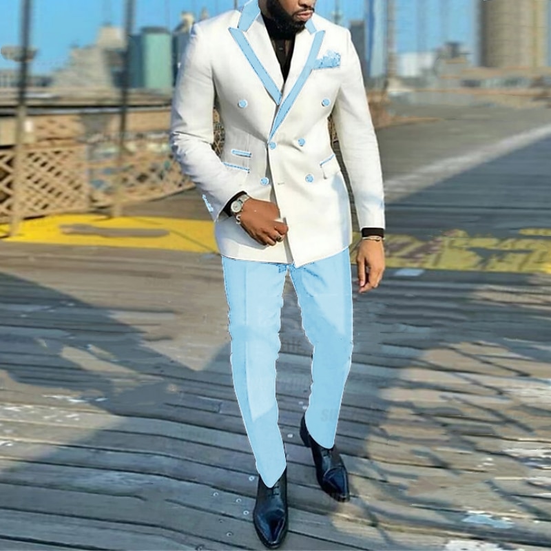 Men's Party Suits Peak Black Pink Solid Colored Tailored Fit 2 Piece Double Breasted Six-buttons4