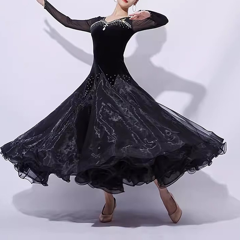 Ballroom Dance Dress Crystal / Rhinestone Splicing Women's Performance Training Long Sleeve Mesh Organza Velvet4