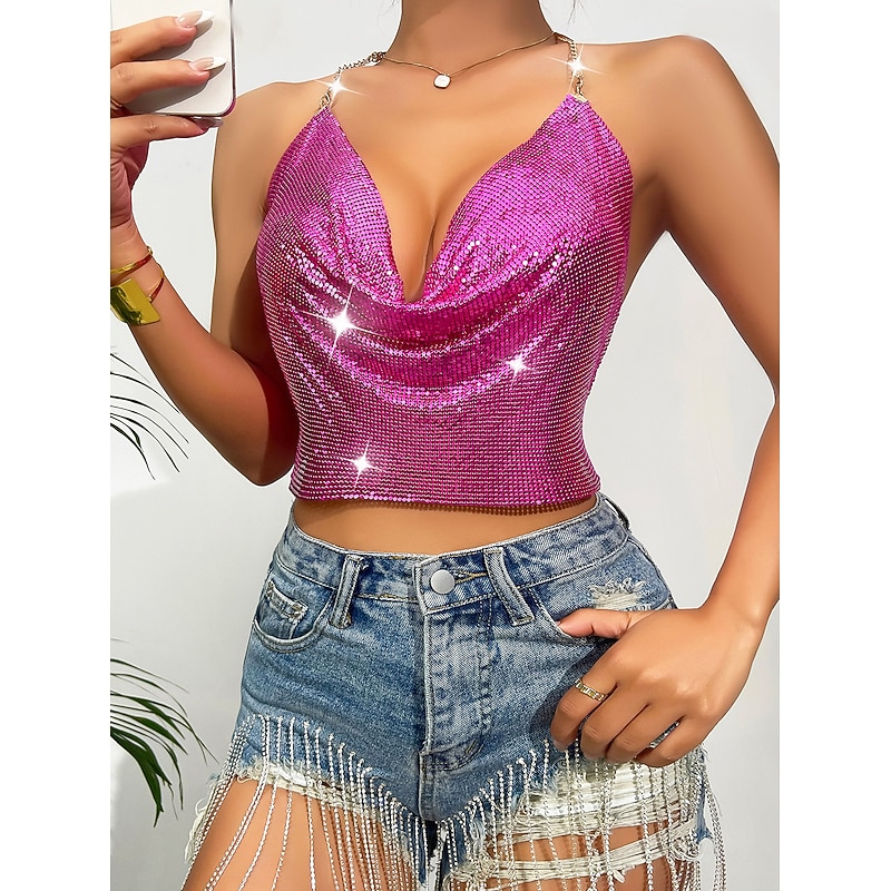 Metallic Backless Sparkle Camisole Body Chain Crop Tank Top Disco Fancy Dress Women's Party Club Pride Parade Adults' Tank Top