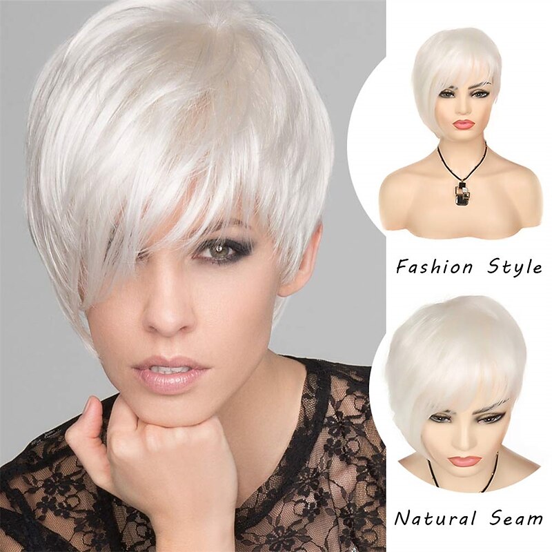 Short White Wig Pixie Natural Straight Asymmetric Wig Halloween Cosplay Costume Wig Synthetic Heat Resistant Hair Wig for Women (Cream White)2