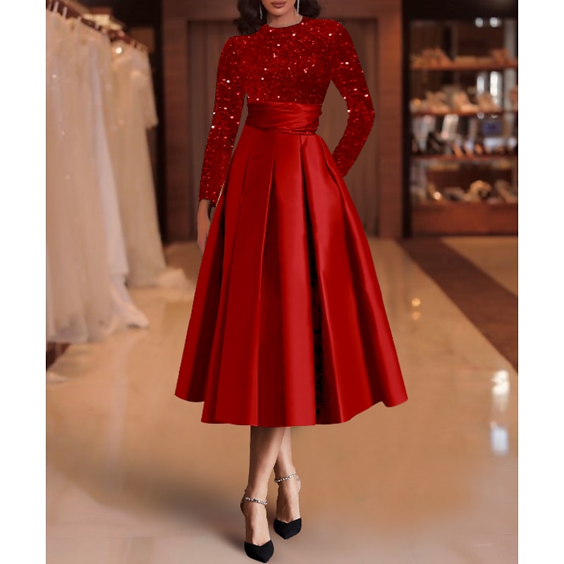 A-Line Sequin Cocktail Dresses Elegant Dress Wedding Guest Tea Length Long Sleeve Jewel Neck Satin with Pleats Dresses2