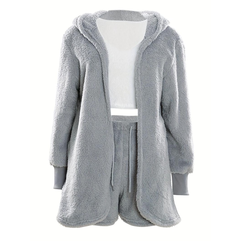 Warm Fuzzy Pajama Set 3PCS Long Sleeve Hooded Robe & Tank Top & Drawstring Shorts Women's Sleepwear & Loungewear2