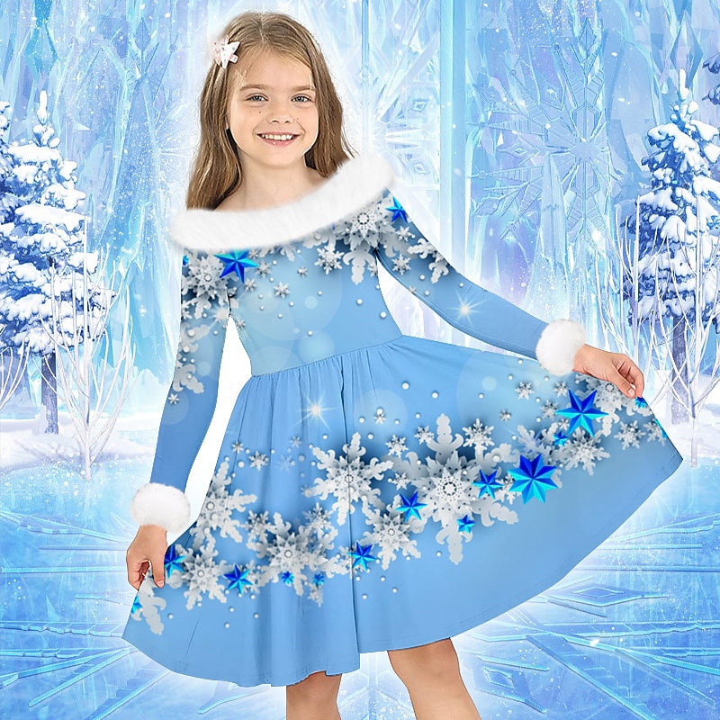 Girls' 3D Snowflake Dress Long Sleeve 3D Print Fall Winter Sports & Outdoor Daily Holiday Cute Casual Beautiful Kids 3-12 Years Casual Dress Swing Dress A Line Dress Above Knee Polyester Regular Fit