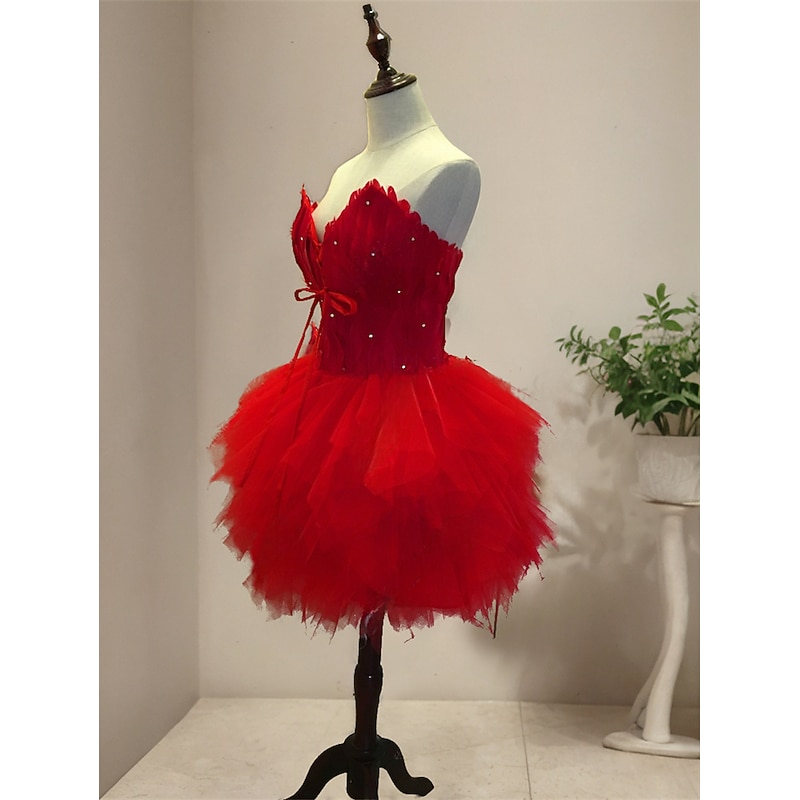 Women's Princess Ballerina Dancer Performance Dancing Dress Tiered Tutu Gown Cute Party Tulle Feather matte red Dress3