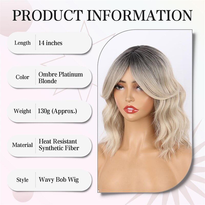Platinum Blonde Wavy Bob Wig with Curtain Bangs for Women Ombre Blonde Curly Bob Wig for White Women Synthetic Ombre Light Brown Wavy Wig with Dark Roots Short Blond Curly Bob Wavy Wig 14inch3
