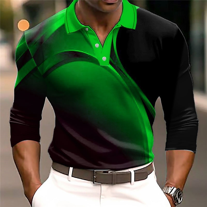 Men's Geometric Polo Shirts Golf Shirt Long Sleeve Polo Shirts Collared Shirts Business Casual WorkWear Formal Wear Festival Wear 3D Print Buttons Fall & Winter Wine Blue Purple2