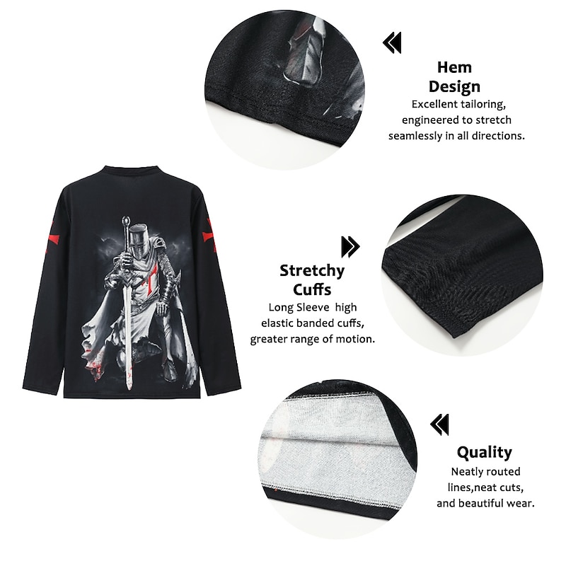 Men's Knights Templar Graphic Prints Graphic Tee Long Sleeve T shirt Shirt Fashion Designer Casual Outdoor Vacation Daily Wear Red Blue Dark Green Spring & Fall Clothing Apparel S M L XL 2XL 3XL3