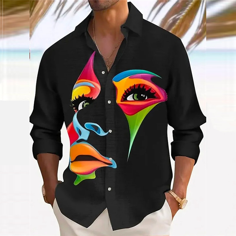 Men's Abstract Shirt Button Up Shirt Long Sleeve Abstract Daily Wear Going out Weekend Fall & Winter Turndown Print Button-Down Black Blue Rainbow4