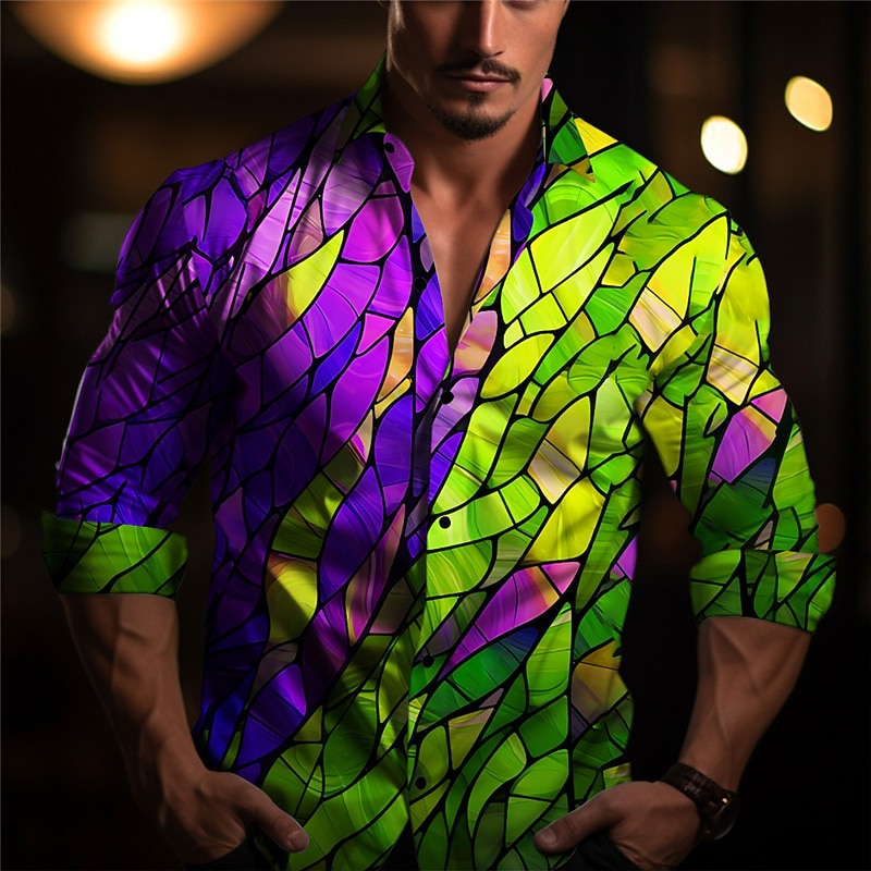 Men's Colorful Color Block Christmas Scene Shirt Long Sleeve Artistic Abstract Daily Wear Going out Fall & Winter Turndown Print Button-Down Yellow Purple2