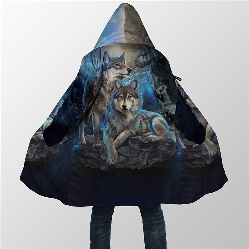 Men's Wolf Winter Coat Fleece Jacket Coat Thermal Warm Vintage Abstract Daily Wear Going out Pocket Print Fall & Winter Hooded Long Sleeve Blue