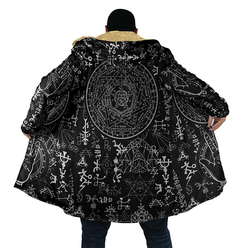 Men's Tribal Totem Bandana Print Winter Coat Fleece Jacket Coat Thermal Warm Vintage Daily Wear Going out Pocket Print Fall & Winter Hooded Long Sleeve Black