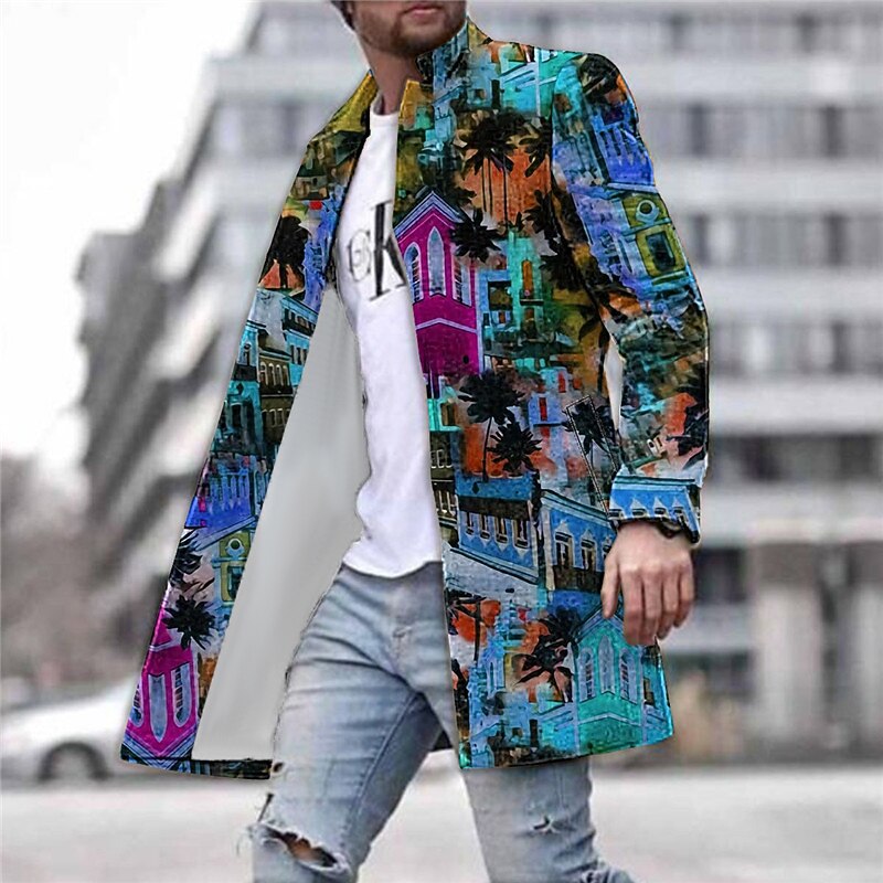 Men's Coconut Tree Building Winter Coat Overcoat Coat Warm Comfortable Breathable Fashion Streetwear Hawaiian Work Going out Beach Pocket Print Fall & Winter Turndown Long Sleeve Yellow Blue Purple3