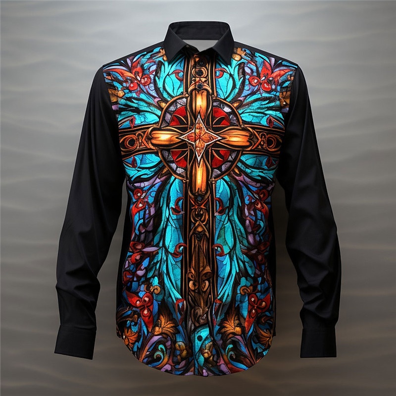 Men's Color Block Colorful Cross Shirt Button Up Shirt Long Sleeve Artistic Abstract Daily Wear Going out Fall & Winter Turndown Print Button-Down Royal Blue Blue Orange Green