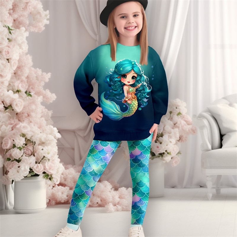 Girls' 3D Mermaid Sweatshirt & Legging Set Pink Long Sleeve 3D Print Fall Winter Active Fashion Daily Kids 3-12 Years Crew Neck Outdoor Vacation Date Regular Fit