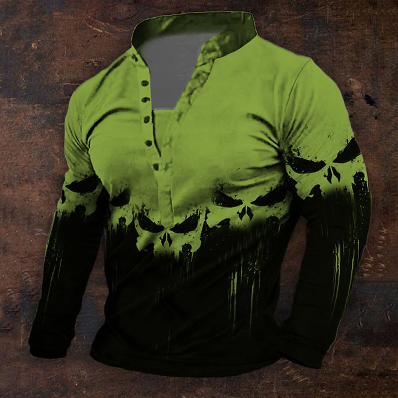 Men's Halloween Graphic Viking Skulls Henley Shirt Long Sleeve 3D Printing Daily Retro Vintage Casual Holiday Going out Festival Spring &  Fall White Blue Orange Green Henley Henley T-Shirt4