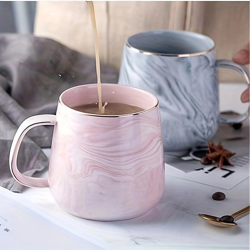1pc Nordic Marble Pattern Insulated Coffee Cup with Golden Edge - Creative Ceramic Mug for Couples3