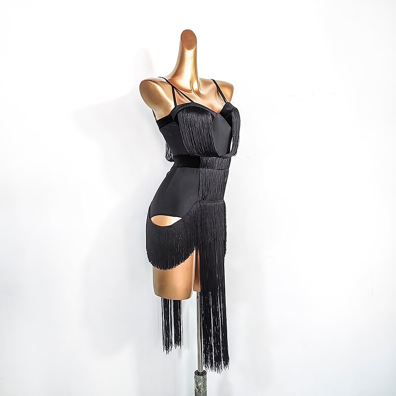 Dance Salsa Latin Dance Dress Tassel Pure Color Splicing Women's Performance Training Sleeveless Polyester Spandex4