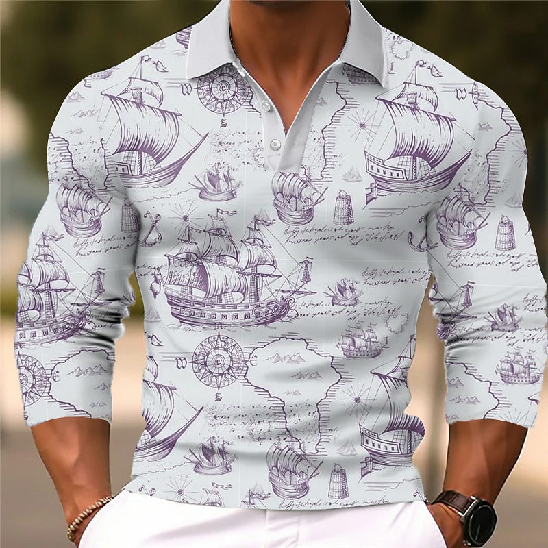 Kentucky Derby Men's Nautical Hawaiian Polo Shirts Golf Shirt Long Sleeve Polo Shirts Collared Shirts Casual Beach Wear Vacation Wear Tropical Wear Party Outfits 3D Print Buttons Fall & Winter Blue3