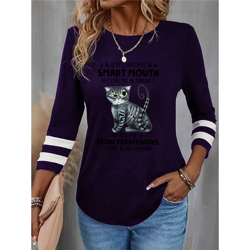 Women's T shirt Crew Neck Long Sleeve Tunic Cat Letter Funny Round Neck Regular Tops Daily Weekend Print Black Red Blue Purple Green Spring & Fall3
