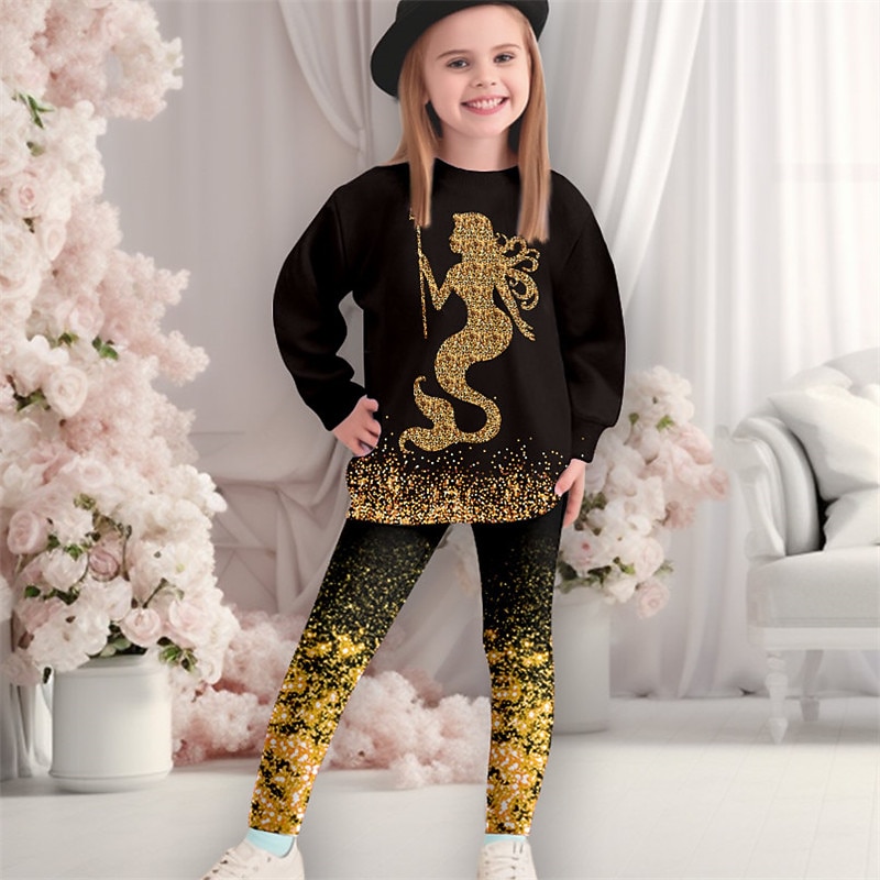 Girls' 3D Mermaid Sweatshirt & Legging Set Long Sleeve 3D Print Fall Winter Active Fashion Daily Kids 3-12 Years Crew Neck Outdoor Vacation Date Regular Fit2