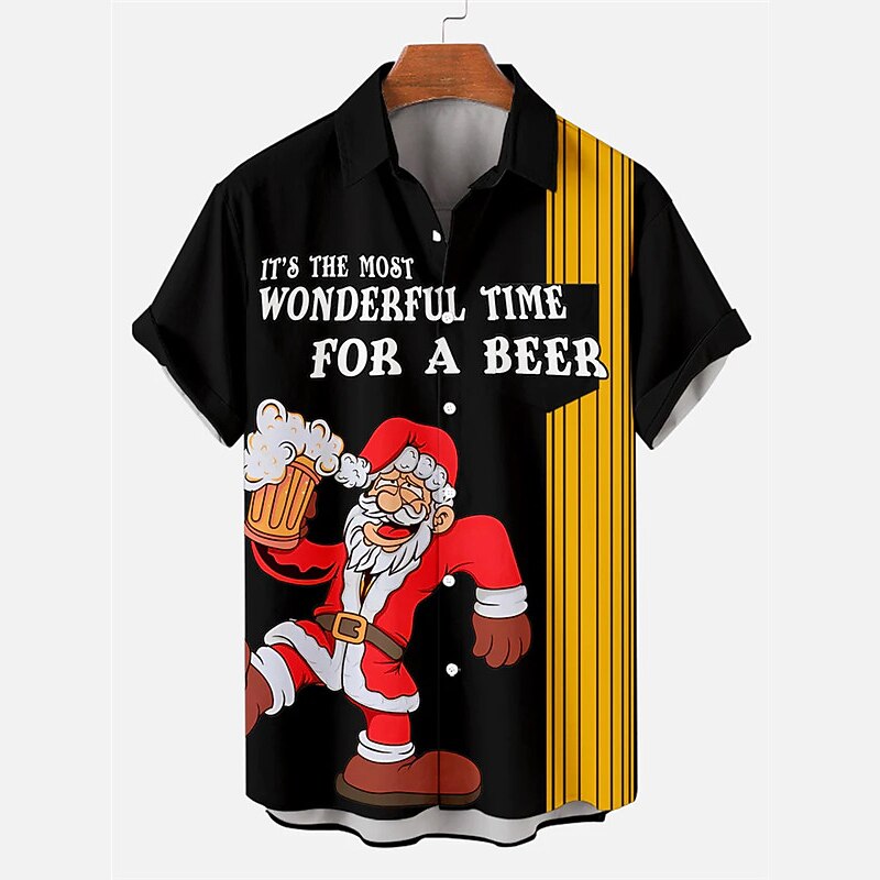 Christmas Men's Funny Christmas Printed Shirts Santa Claus Beer Casual Daily Wear Going out Weekend Autumn / Fall Turndown Short Sleeves Black, Burgundy, Green S, M, L 4-Way Stretch Fabric Christmas
