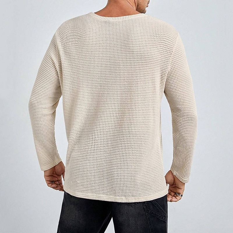 Men's Waffle Tee T Shirt Waffle Knit Tee Tee Top Long Sleeve Crew Neck Spring &  Fall Plain Fashion Designer Basic Knit Vacation Street Going out White Khaki Top Tee for Men2