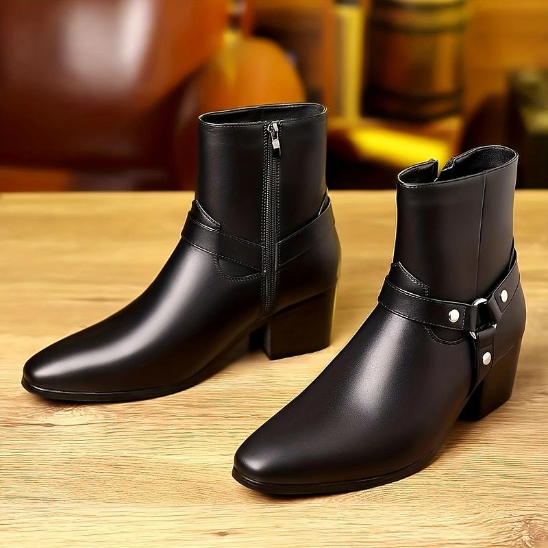 Men's Black Faux Leather Motorcycle Boots with Strap and Buckle Detail - Stylish Mid-Calf Ankle Boots2